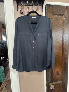Calvin Klein Slate Gray Button-Front Blouse with Zip Pockets